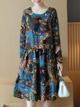 Round Neck Ruched Abstract Print Skater Dress