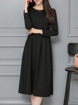 Round Neck Ruched Plain Skater Dress