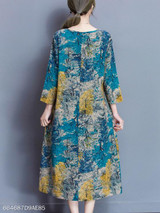Round Neck Pocket Printed Midi Shift Dress