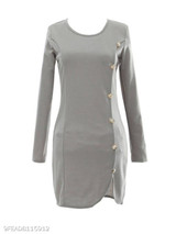 Round Neck Plain Decorative Button Slit Bodycon Dress