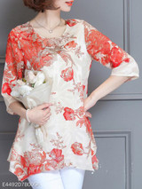 Round Neck Half Sleeve Printed Chiffon Blouse