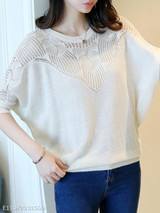Round Neck Hollow Out Plain Half Sleeve Sweaters Pullover