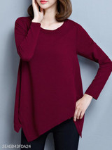 Round Neck Asymmetric Hem Plain Long Sleeve T-Shirts Round Neck Asymmetric Hem Plain Long Sleeve T-Shirts