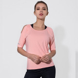 Women Cold Shoulder Half Sleeve Yoga Tops Mesh Black Cutout Gym Workout Sport T-shirt Loose Running Sports Tee Fitness Clothing