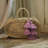 Oval Luna Straw Tote Bag - with Lavender Purple Tassels