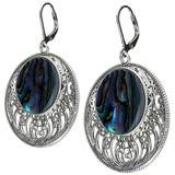 Sterling Silver Abalone Openwork Disc Drop Dangle Earrings