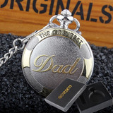 Vintage Silver Bronze Pocket Watch Necklace THE GREATEST Dad & Grandpa Gift Set Fob Chain Quartz Mens Watches