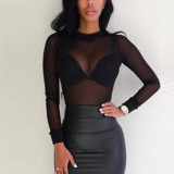 2018 Sexy Women Blouses See Through Transparent Mesh Stand Neck Long Sleeve Sheer Blouse Shirt Ladies Tops Tee Plus Size