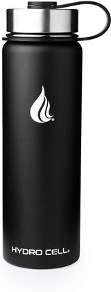 HYDRO CELL Stainless Steel Water Bottle w/Straw & Wide Mouth Lids - Black 24 oz