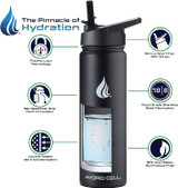HYDRO CELL Stainless Steel Water Bottle w/Straw & Wide Mouth Lids - Black 24 oz