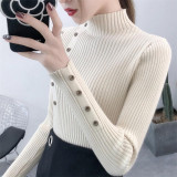 2020 Women Autumn Knitted Slim Sweaters Solid Knitted Female Cotton Soft Elastic Color Pullovers Button Full Sleeve Turtleneck