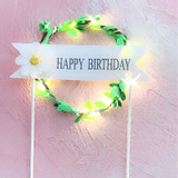 Lighted Wreath With Flower "Happy Birthday" Cake Topper