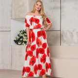 Vintage Floral Printed Women Sexy Off-Shoulder Plus Size Half Sleeve Maxi Dresses
