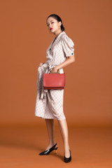 Brown Synthetic Gold Metal Handle Spare Striped Shoulder Strap Tall Rectangular Box Tote Bag