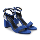 Silver Metallic Rear Detail Strap Upper Open Toe Elastic Closure Suede Block Heel Sandals