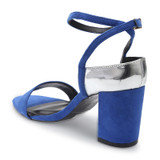 Silver Metallic Rear Detail Strap Upper Open Toe Elastic Closure Suede Block Heel Sandals