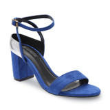 Silver Metallic Rear Detail Strap Upper Open Toe Elastic Closure Suede Block Heel Sandals