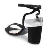 Silver Metallic Rear Detail Strap Upper Open Toe Elastic Closure Suede Block Heel Sandals