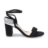 Silver Metallic Rear Detail Strap Upper Open Toe Elastic Closure Suede Block Heel Sandals