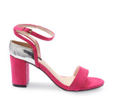 Silver Metallic Rear Detail Strap Upper Open Toe Elastic Closure Suede Block Heel Sandals