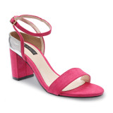 Silver Metallic Rear Detail Strap Upper Open Toe Elastic Closure Suede Block Heel Sandals