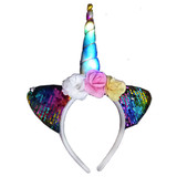 Girls LED Unicorn Headband with Flowers and Filp Sequins Ears Light Up