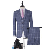 3 Piece Gentleman's Classic Slim Fit Blue Plaid Suit 3 Piece Gentleman's Classic Slim Fit Blue Plaid Suit