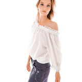 Off-the-shoulders white silk blouse