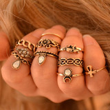 10 Piece Ring Set - Ethnic Vintage Elephant Ring Set - Carved Flower Bohemian Rings