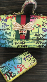 Gucci Inspired Butterfly Graffiti Purse Bag with Wallet