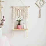 Macrame Wall Hanging Shelf, Wood Floating Hanging Storage Shelf Organizer Hanger