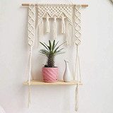 Macrame Wall Hanging Shelf, Wood Floating Hanging Storage Shelf Organizer Hanger