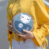 One Happy Kitty Round Denim Shoulder Bag