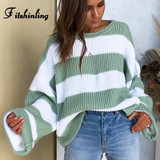 Striped Pullover Sweater - Loose Fit Striped Pullover Sweater - Loose Fit