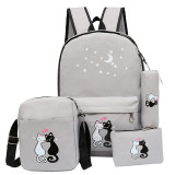 4pcs/set Women Backpack - Cat Printing Canvas School Bags For Girls