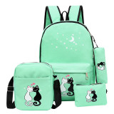 4pcs/set Women Backpack - Cat Printing Canvas School Bags For Girls