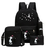 4pcs/set Women Backpack - Cat Printing Canvas School Bags For Girls