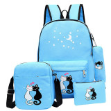 4pcs/set Women Backpack - Cat Printing Canvas School Bags For Girls