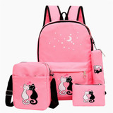4pcs/set Women Backpack - Cat Printing Canvas School Bags For Girls
