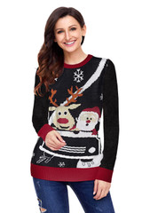 Black Reindeer Santa Clause Cartoon Print Ugly Christmas Sweater
