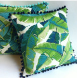 Pom Pom Pillow Cover / Tropical Teal Lime and Navy Palm Leaves Pillow Cover / Outdoor Pillow Lumbar / Aqua Turquoise Outdoor Pillow cover