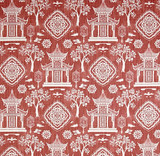Red Pagoda fabric by the Yard / Linen upholstery fabric / Linen Home Decor Fabric / Chinoiserie Upholstery Fabric / Asian Home Fabric