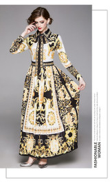 Vintage Baroque Floral Print Puff Sleeve Sashes Pleated Shirt Dress