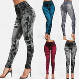 2020 Women Gym Leggings Faux Denim Jeans Leggings Pocket Printing Leggings Casual High Waist Pencil Pants Plus Pants