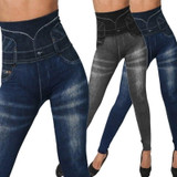 2020 Women Gym Leggings Faux Denim Jeans Leggings Pocket Printing Leggings Casual High Waist Pencil Pants Plus Pants