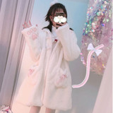 Winter Jacket Women Lolita Fleece-lined Thickened Girl Soft Fabric Kawaii Cat Ear Hat Claw Cute Plush White Coat Youthful Parka