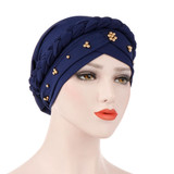 Solid Color Braid Beads Decor Women Muslim Hijab Turban Head Scarf Cap Hat