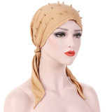 Fashion Solid Color Beading Tail Women Headwear Muslim Hijab Head Wrap Turban