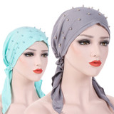 Fashion Solid Color Beading Tail Women Headwear Muslim Hijab Head Wrap Turban