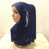 H357a beautiful muslim girls hijab with flower chains pull on amira islamic scarf head wrap
